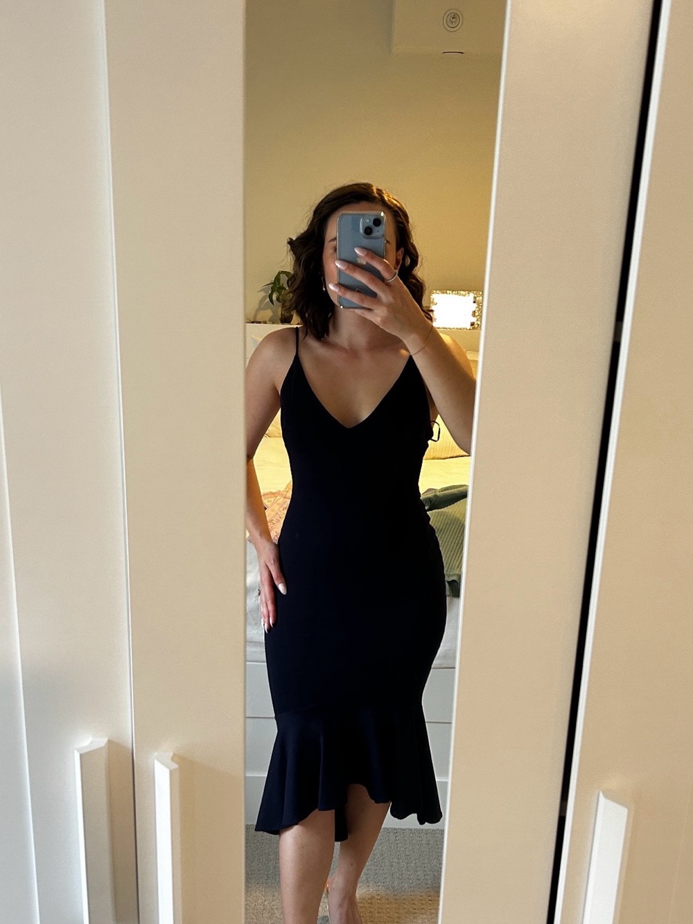 Navy Spaghetti-Strap Mermaid Midi Dress